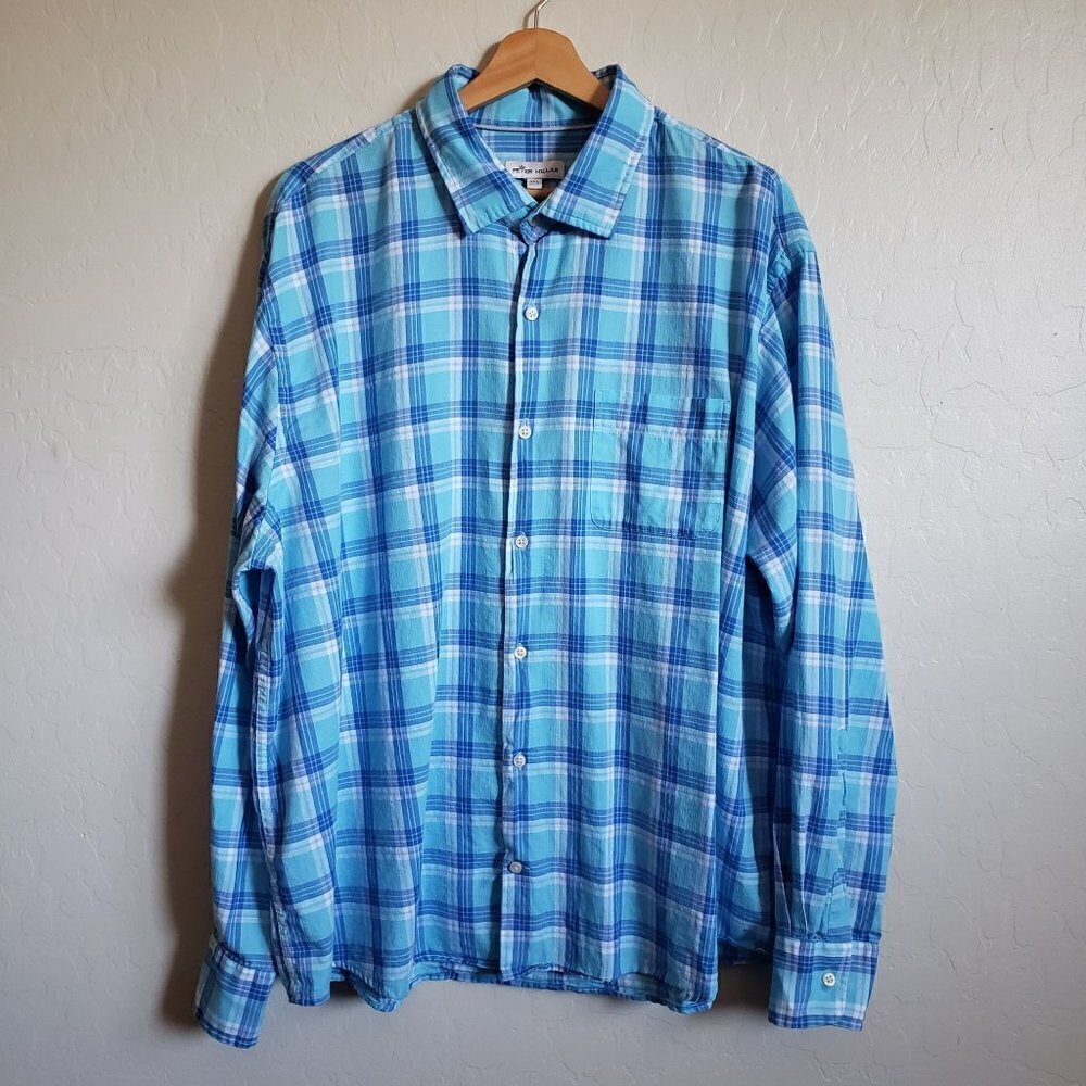 Peter Millar Seaside Plaid Long Sleeve Shirt Button Down Aqua Blue Size Mens XXL